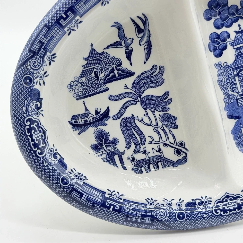 Vtg Churchill of England Blue Willow Divided‎ Oval Vegetable Serving Dish Bowl